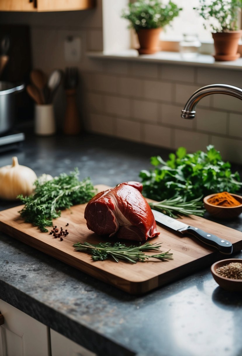 A rustic kitchen counter with a cutting board, knife, and smoked beef heart surrounded by fresh herbs and spices