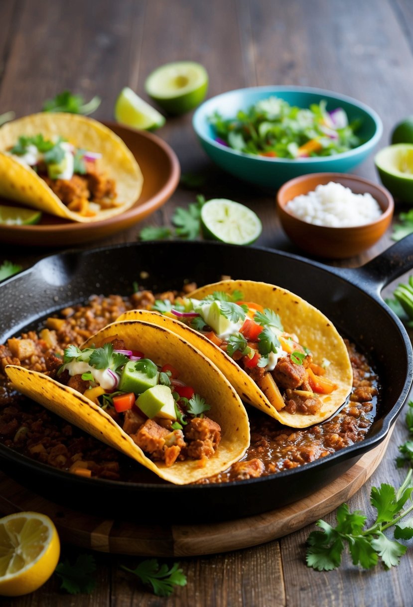 A sizzling skillet of chicharrón tacos, surrounded by vibrant garnishes and fresh ingredients, ready to be assembled