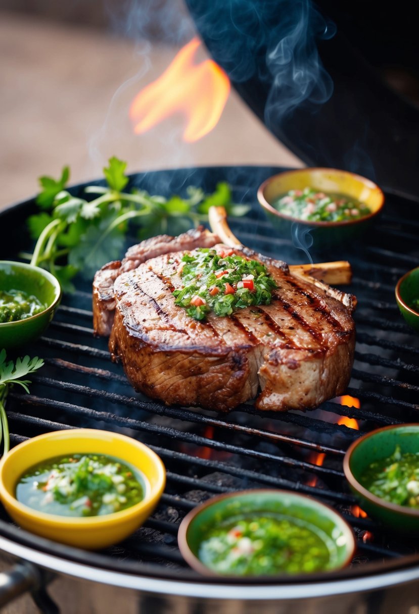 A sizzling beef heart steak grilling on a smoky barbecue, surrounded by vibrant green chimichurri sauce and fresh herbs