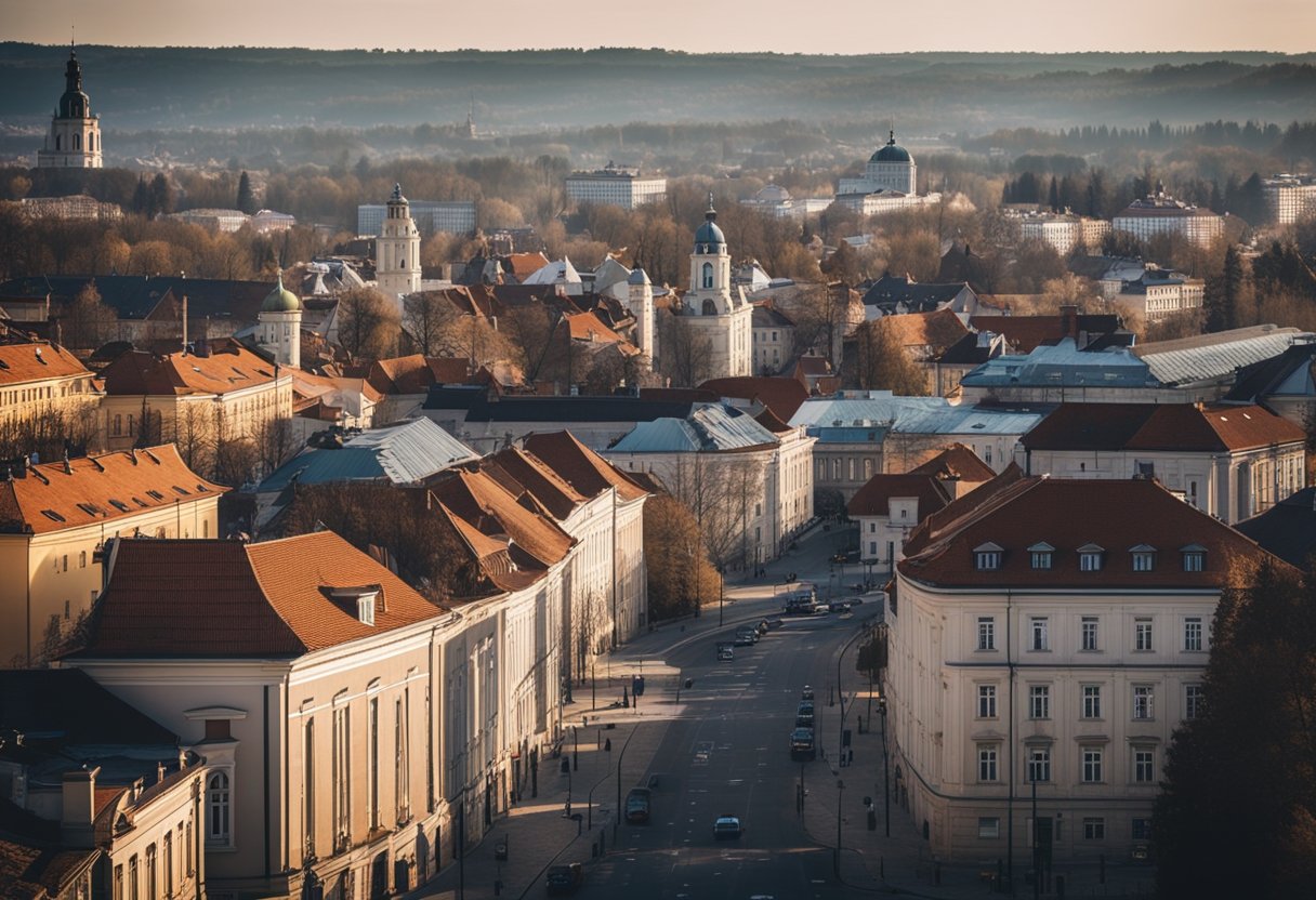 Vilniaus miesto panorama su kylančiomis nekilnojamojo turto kainomis ir įvairiais investicijų rodikliais