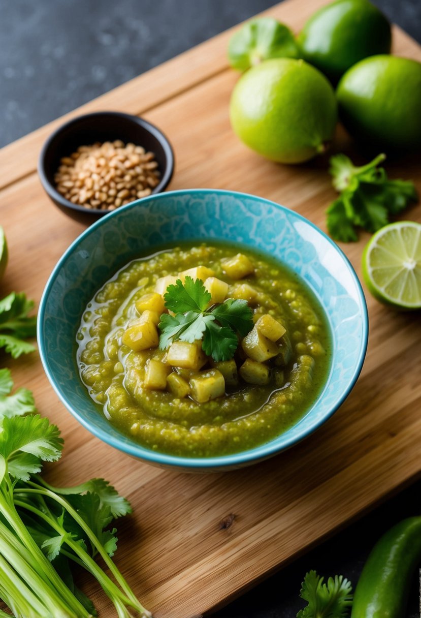 A bowl of tamarind salsa surrounded by fresh ingredients on a wooden cutting board