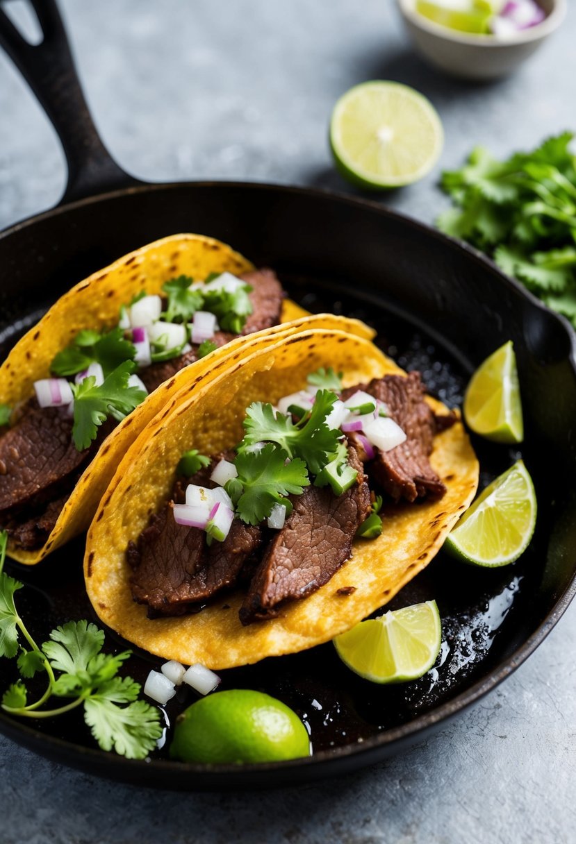 A sizzling skillet holds three smoked beef heart tacos, garnished with fresh cilantro, diced onions, and a squeeze of lime