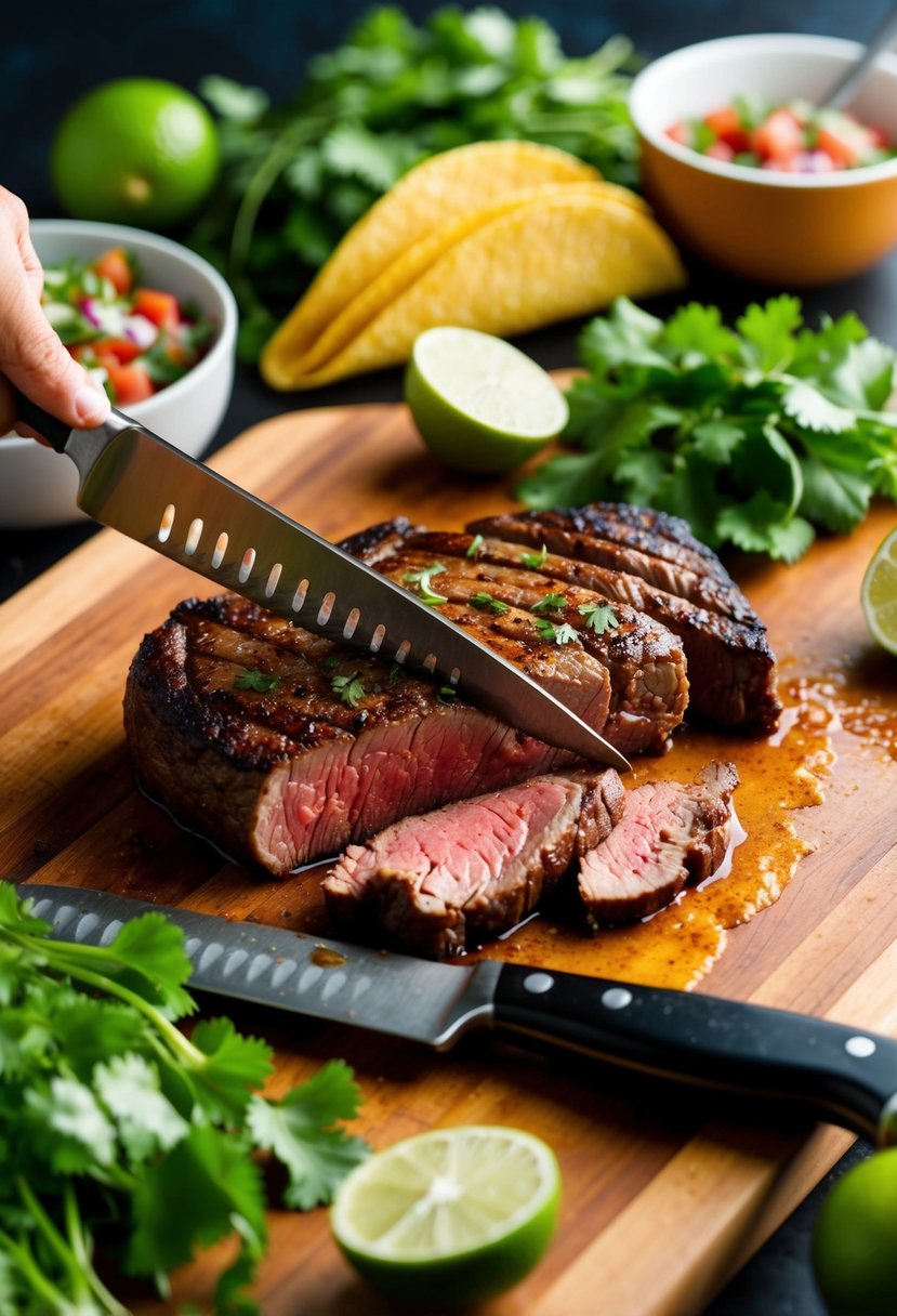 A sizzling ribeye steak being sliced on a wooden cutting board, surrounded by colorful ingredients like cilantro, lime, and salsa, ready to be assembled into tacos