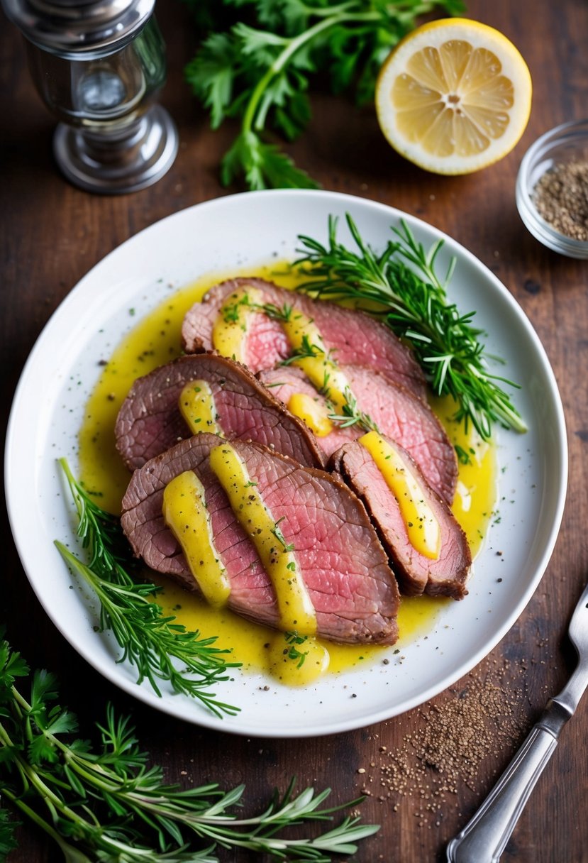 A plate of thinly sliced beef heart drizzled with lemon vinaigrette, surrounded by fresh herbs and garnished with a sprinkle of black pepper