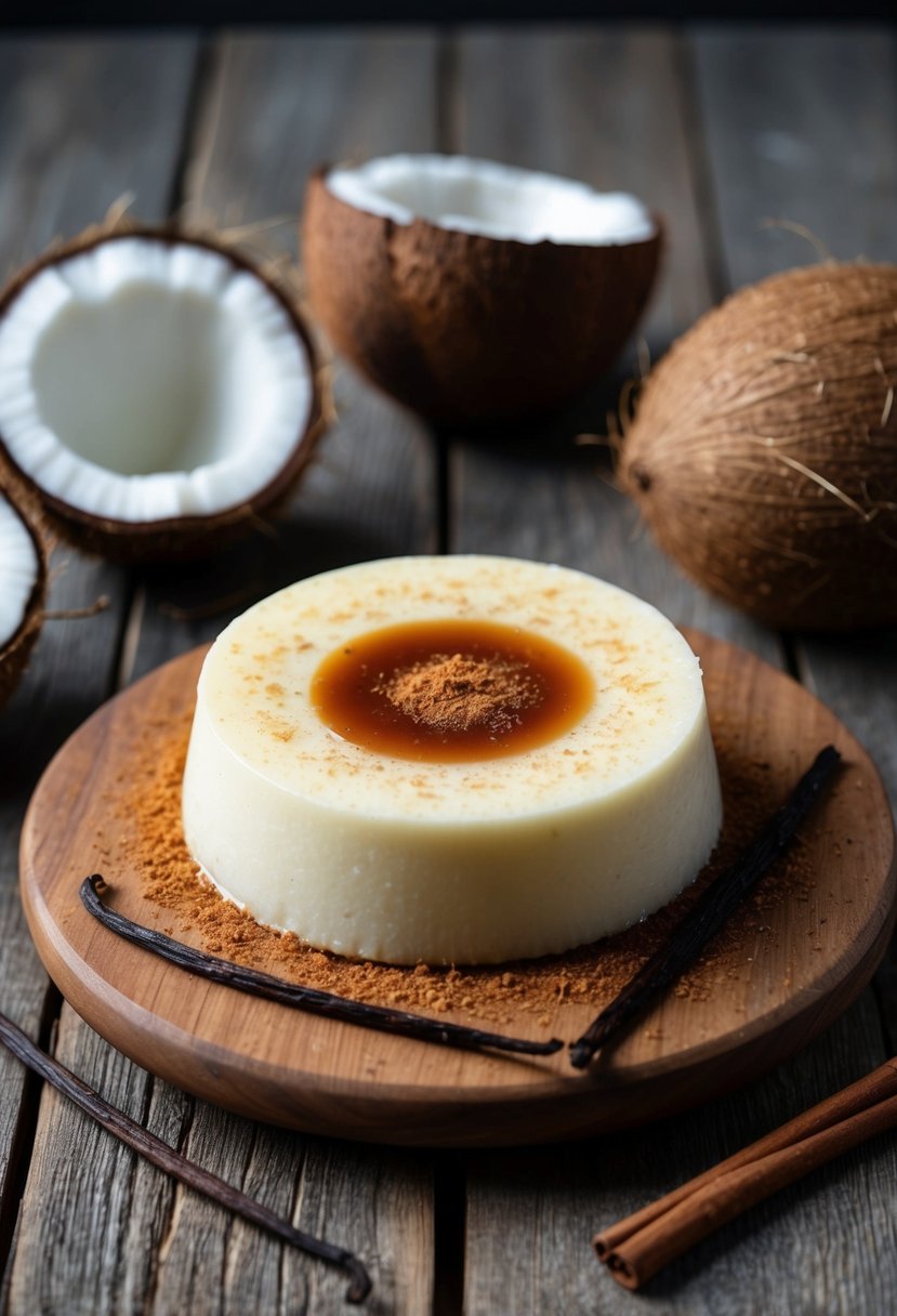 A coconut flan sits on a rustic wooden table, surrounded by fresh coconuts, vanilla beans, and a sprinkle of cinnamon