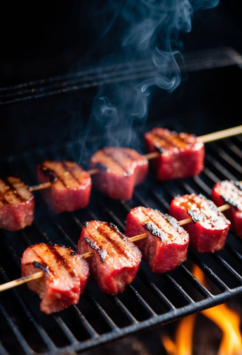 Beef heart skewers sizzling on a smoky BBQ grill, with charred edges and a mouthwatering aroma