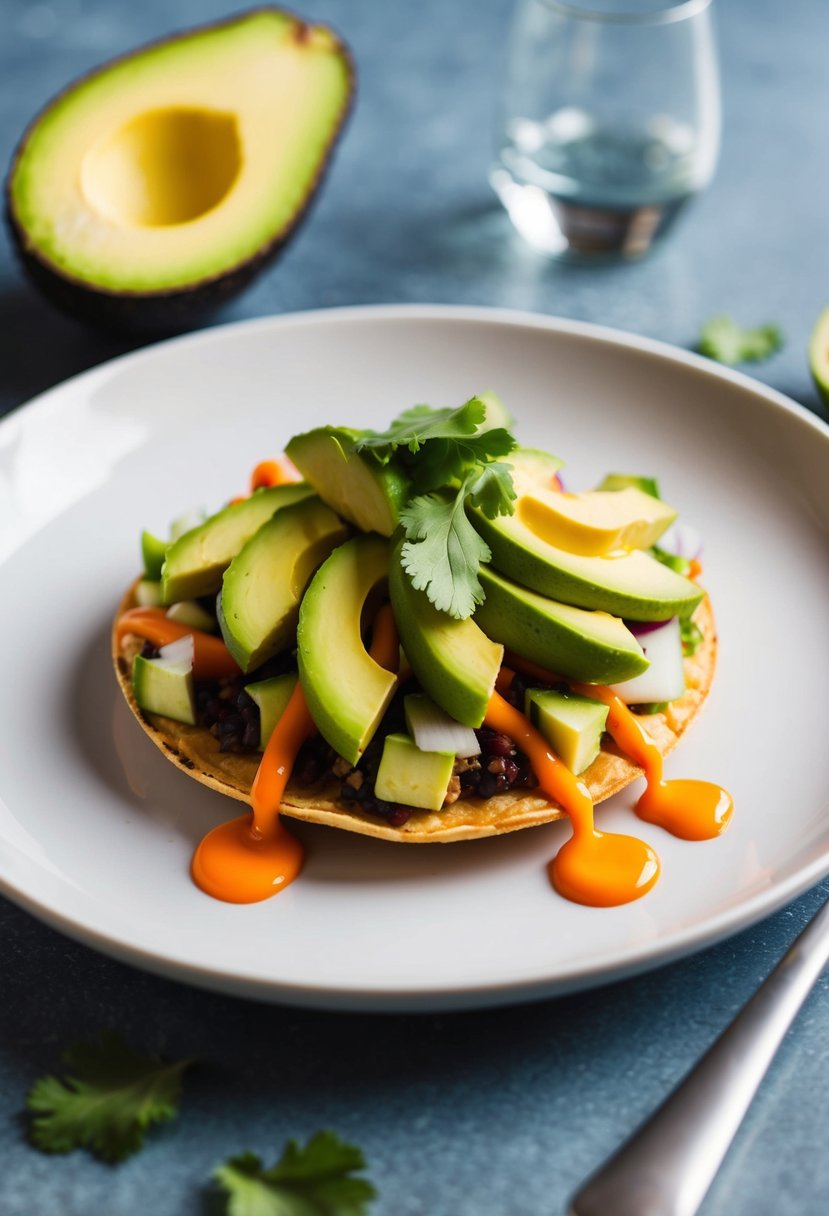 A colorful tostada topped with sliced avocado, fresh vegetables, and a drizzle of sauce on a white plate