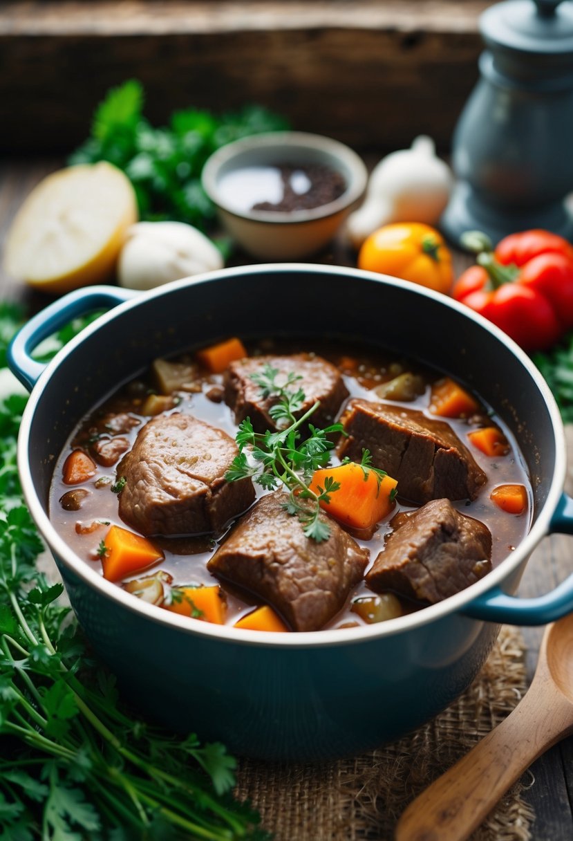 A rustic kitchen with a bubbling pot of smoked beef heart stew, surrounded by herbs and vegetables