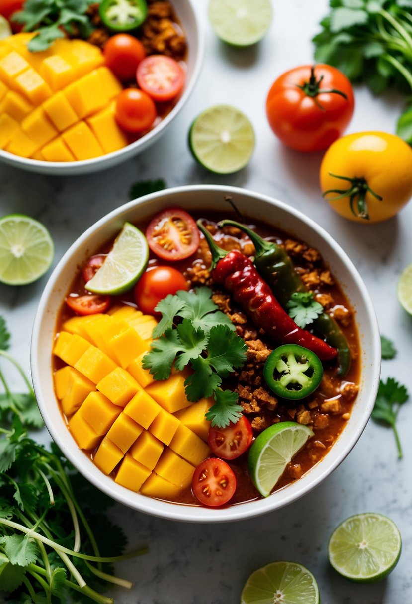 A vibrant bowl of mangoes, tomatoes, and chipotle peppers, surrounded by fresh cilantro and limes