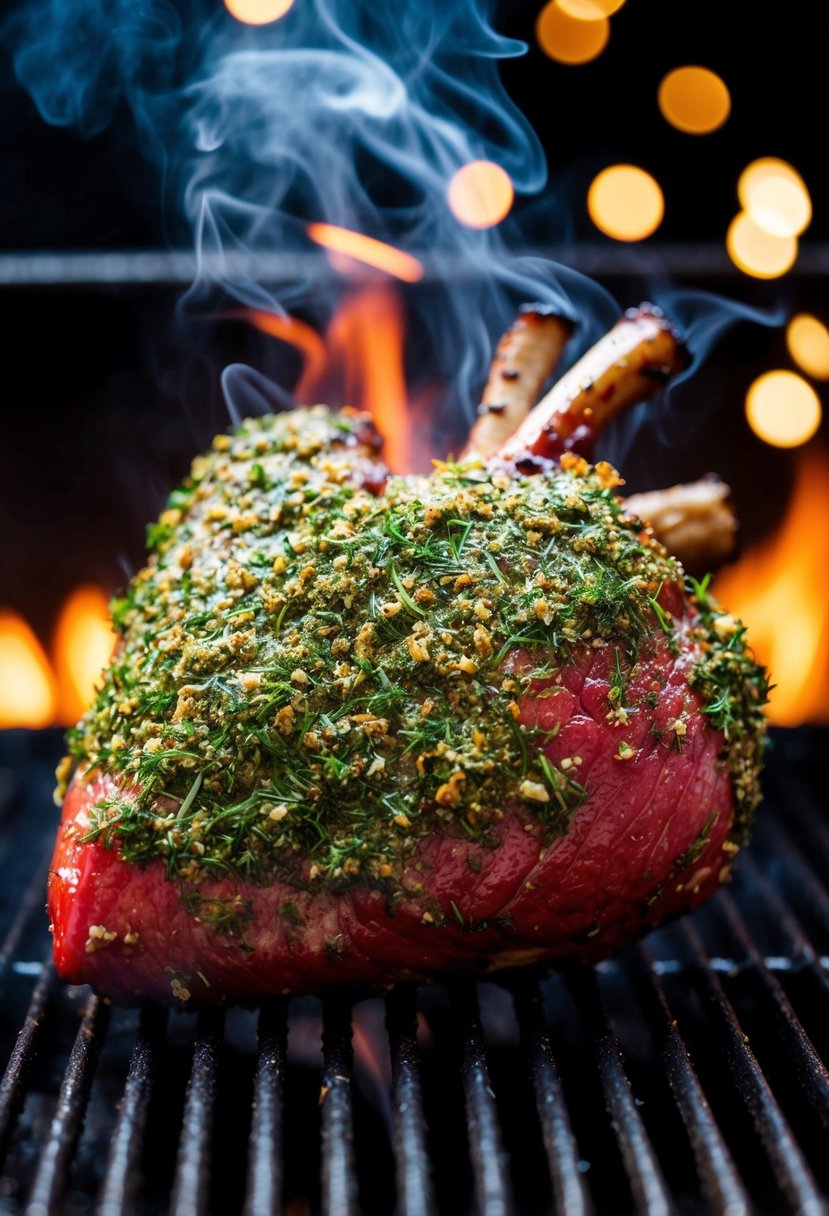 A juicy beef heart coated in herb crust, smoking on a grill