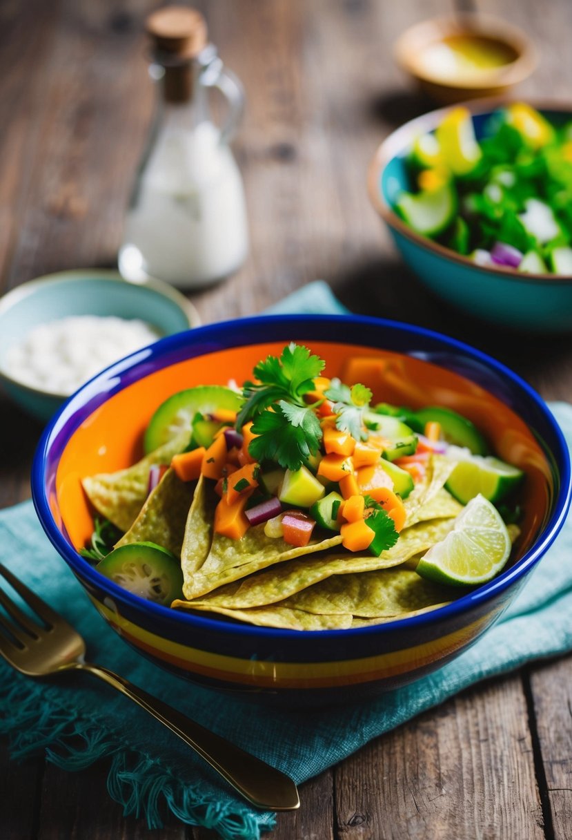 A colorful bowl of nopales salad with fresh ingredients and a vibrant dressing, set on a rustic wooden table