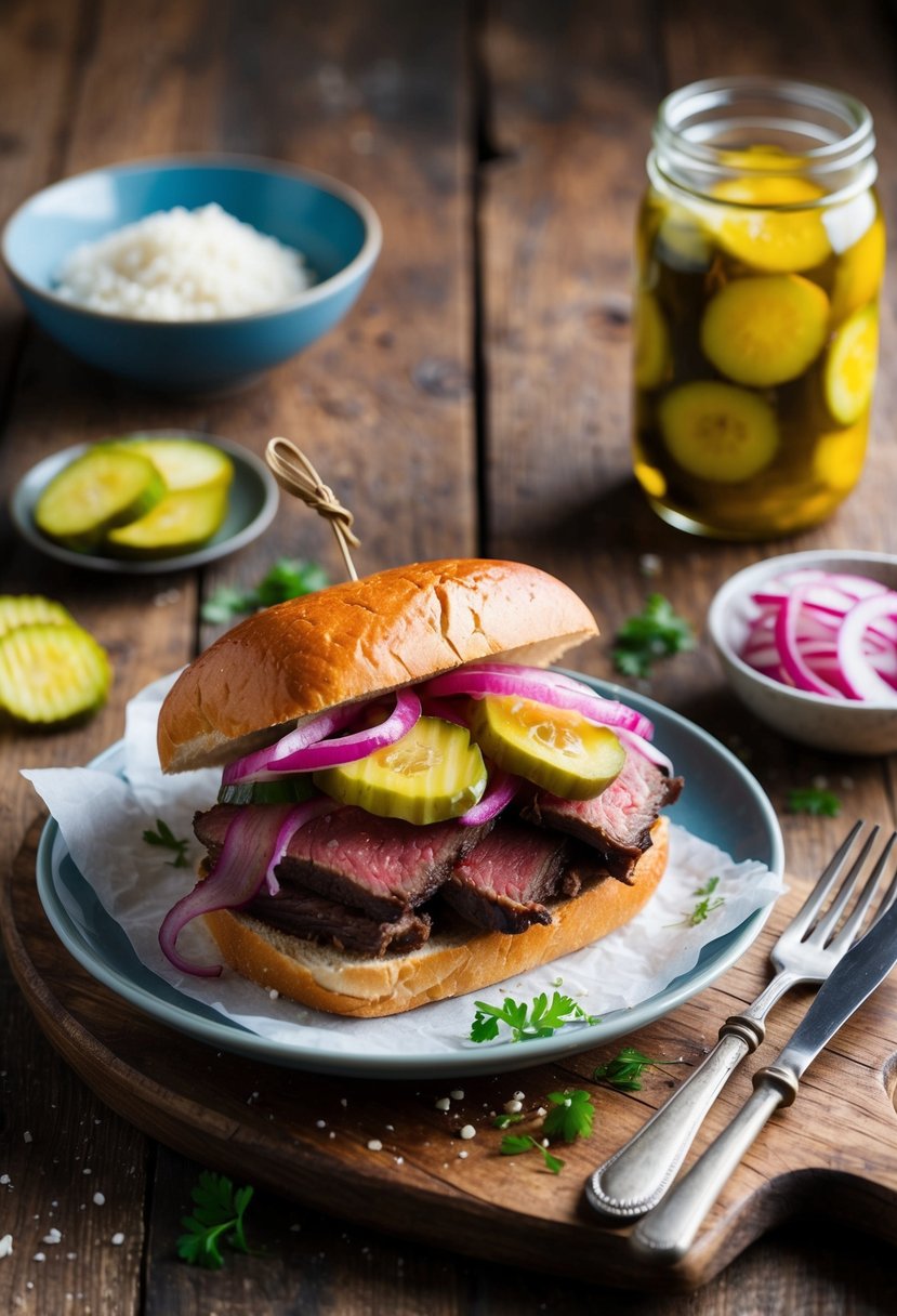 A rustic wooden table with a smoked beef heart sandwich topped with pickled onions, surrounded by scattered ingredients and a jar of pickles