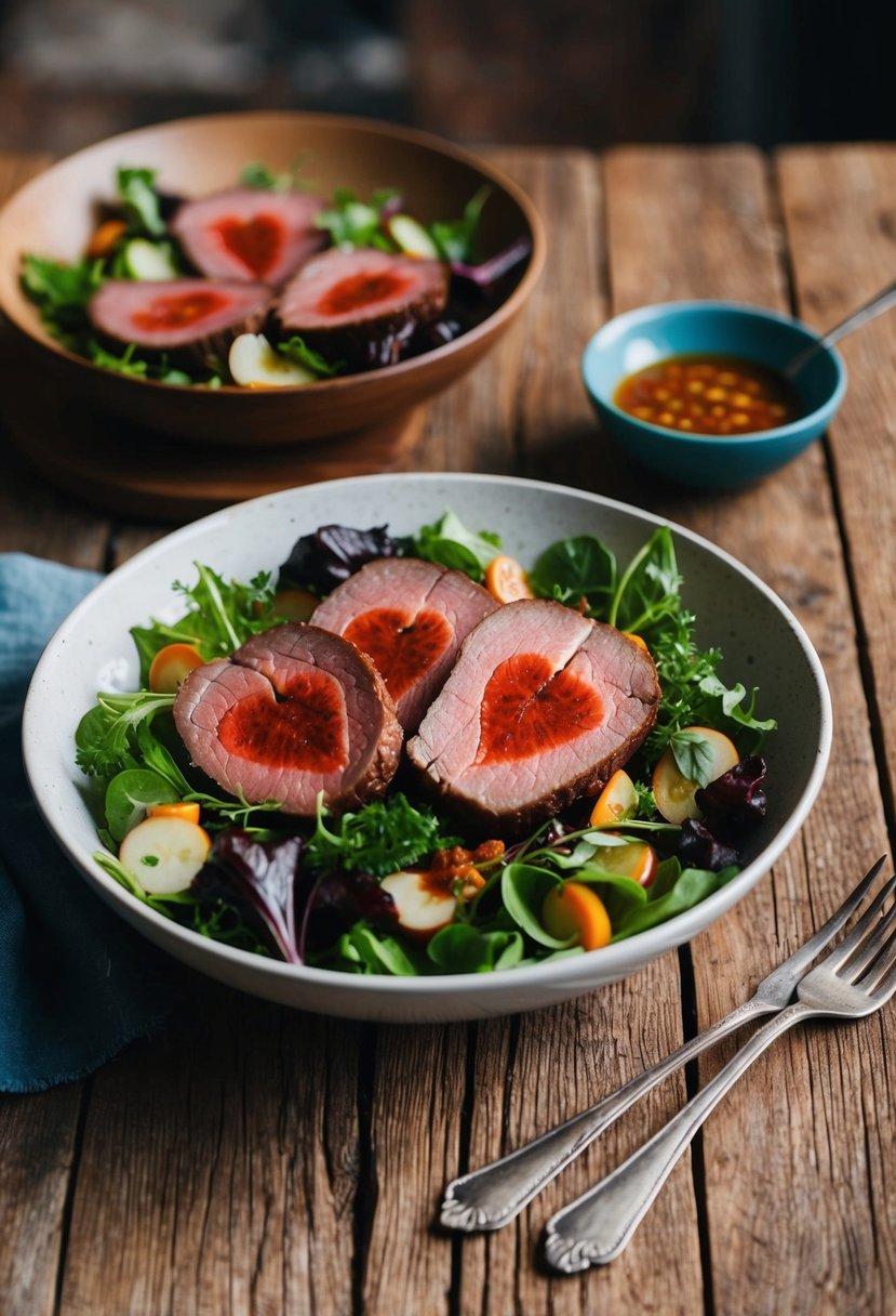 A rustic wooden table set with a vibrant salad of sliced beef heart, mixed greens, and smoked paprika dressing