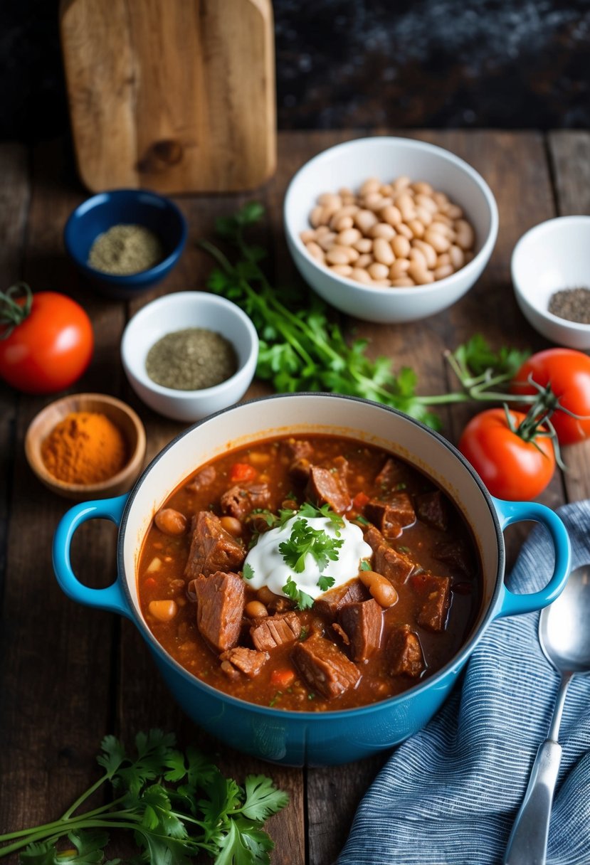 A rustic kitchen with a pot of simmering smoked beef heart chili, surrounded by ingredients like beans, tomatoes, and spices