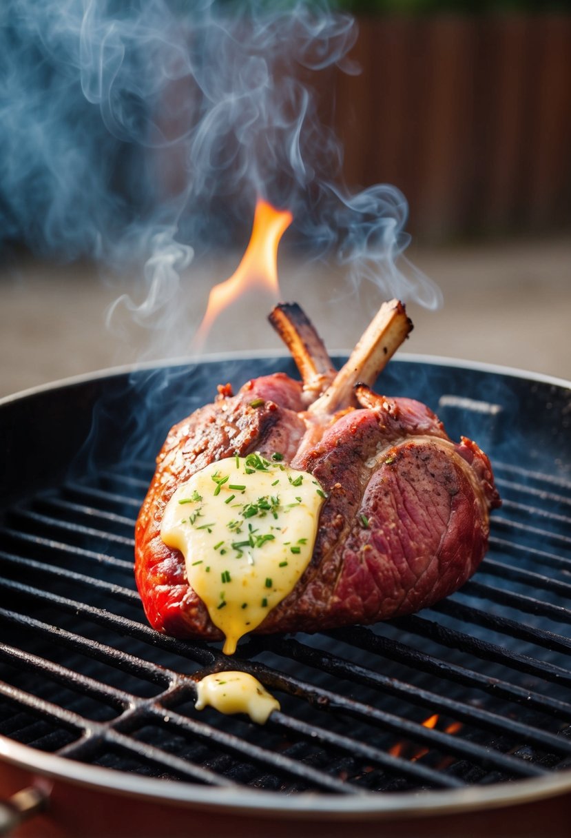 A sizzling beef heart sizzling in garlic butter on a smoking grill