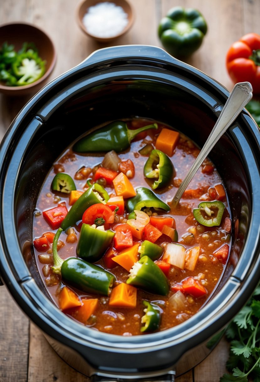 A crockpot filled with diced pablano peppers, onions, and tomatoes simmering in a flavorful broth, with a spoon stirring the ingredients