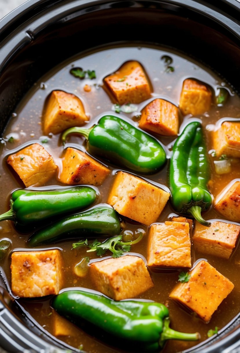 A bubbling slow-cooker filled with chunks of tender pork, vibrant poblano peppers, and savory broth, emitting a tantalizing aroma