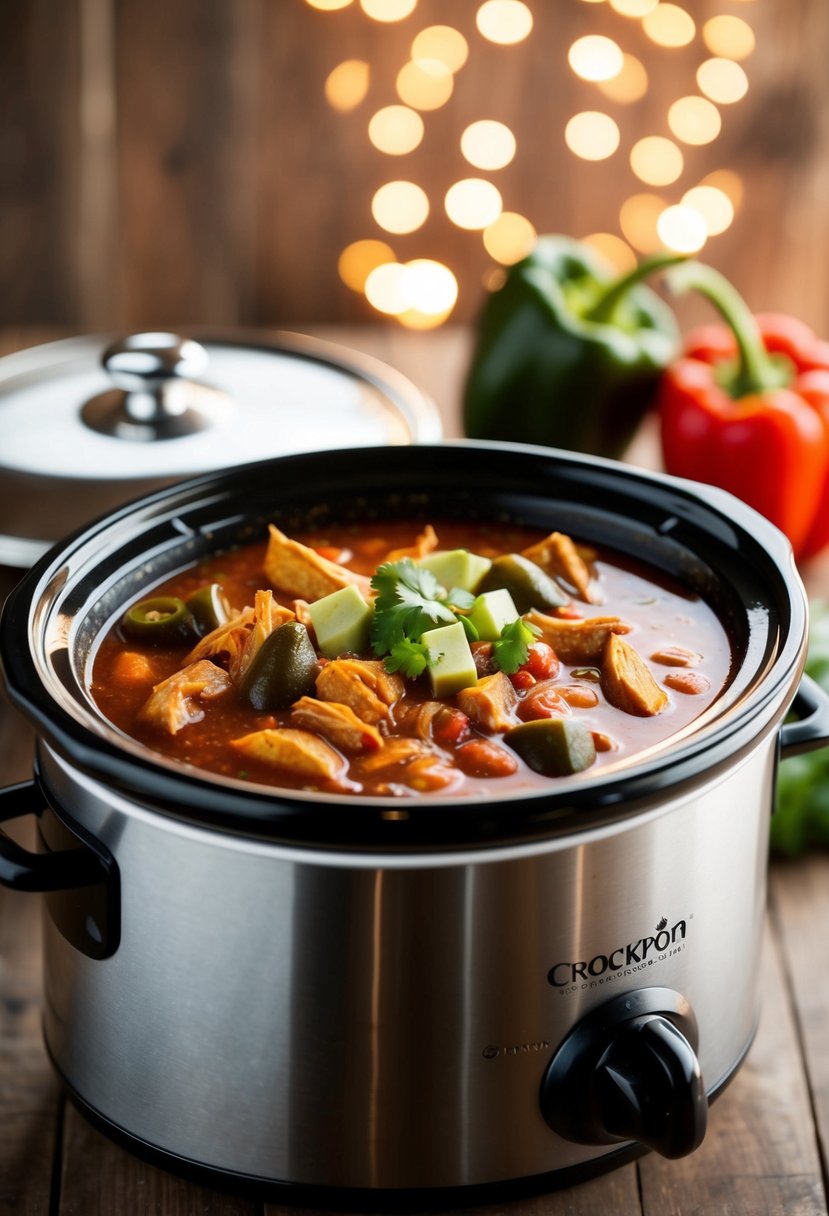 A bubbling crockpot filled with poblano pepper chicken chili