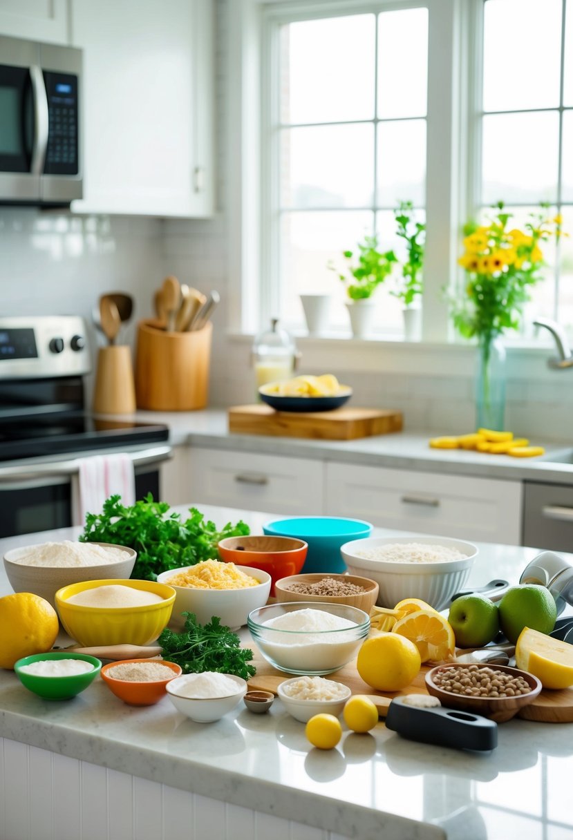 A colorful array of ingredients and utensils spread out on a clean kitchen counter, ready to be used for an easy, no-bake baking recipe