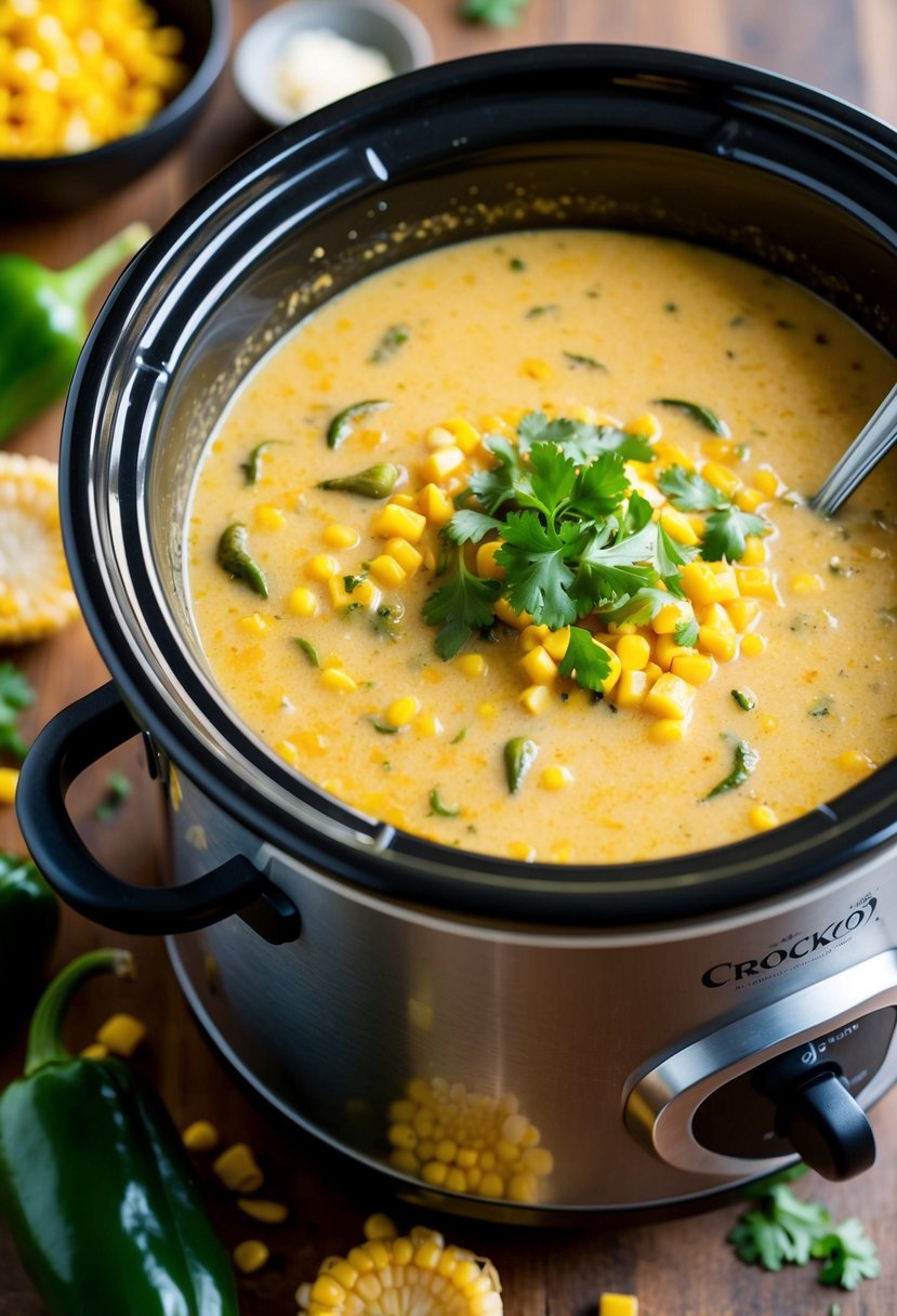 A bubbling crockpot filled with creamy Poblano Corn Chowder, with fresh poblano peppers and ingredients scattered around