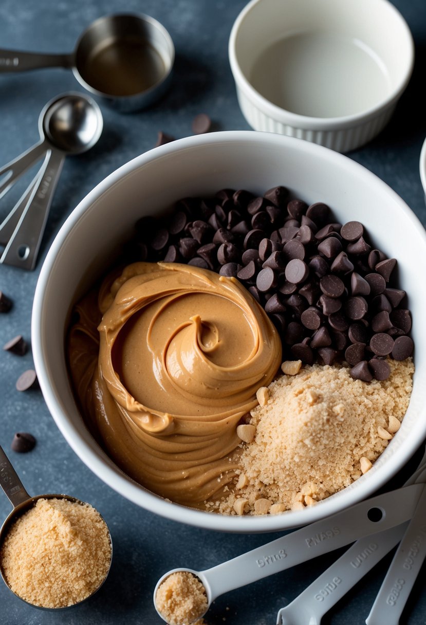 A mixing bowl filled with peanut butter, chocolate chips, and graham cracker crumbs, surrounded by measuring spoons and a baking dish