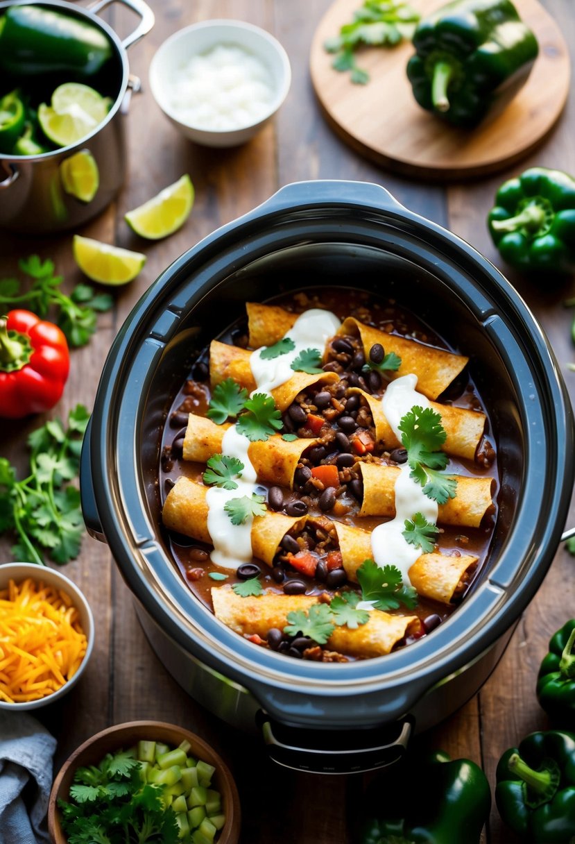 A crockpot filled with poblano pepper and black bean enchiladas, surrounded by fresh ingredients and cooking utensils