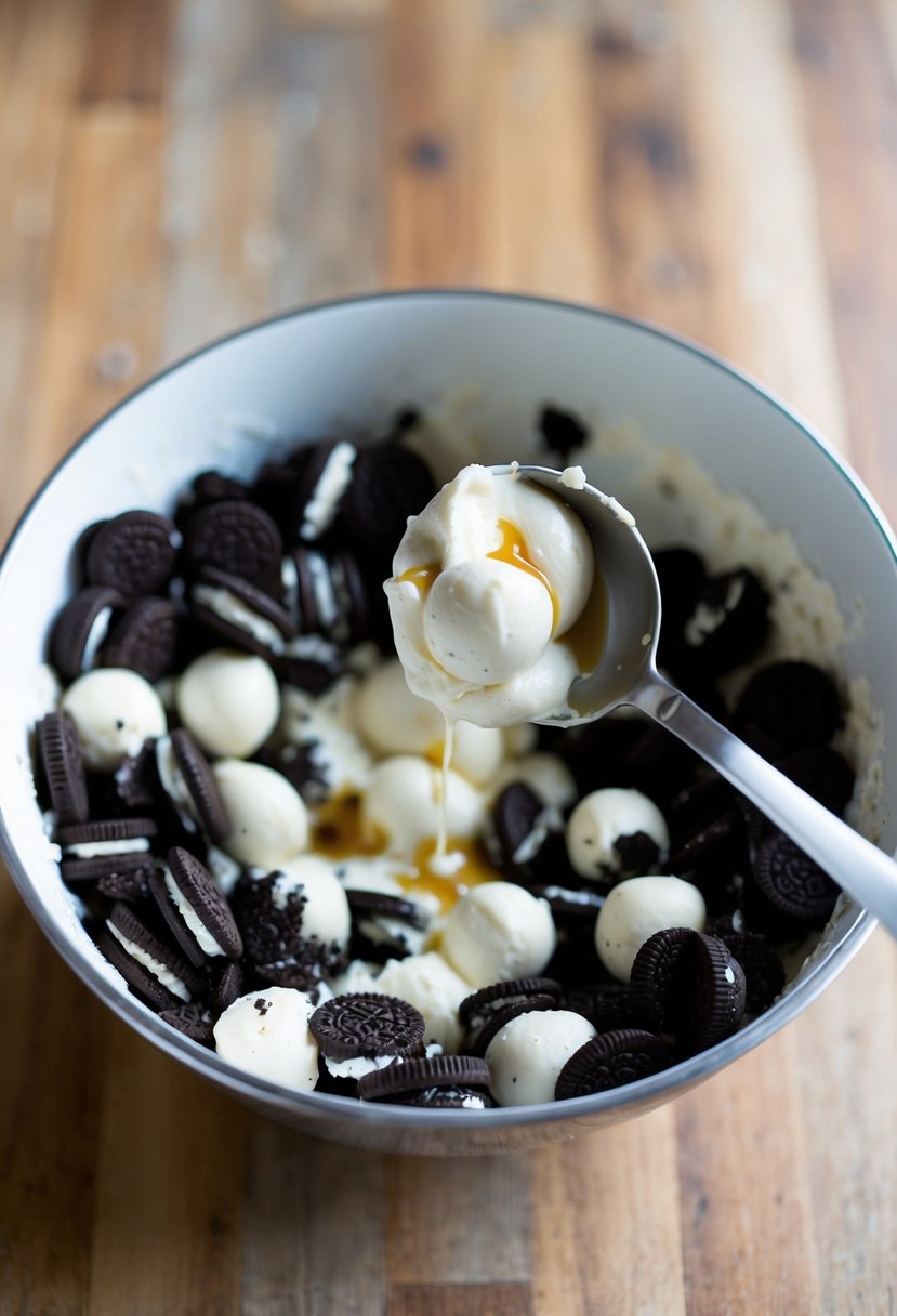 A mixing bowl filled with crushed Oreos, cream cheese, and vanilla extract. A spoon scoops out small portions, rolling them into balls