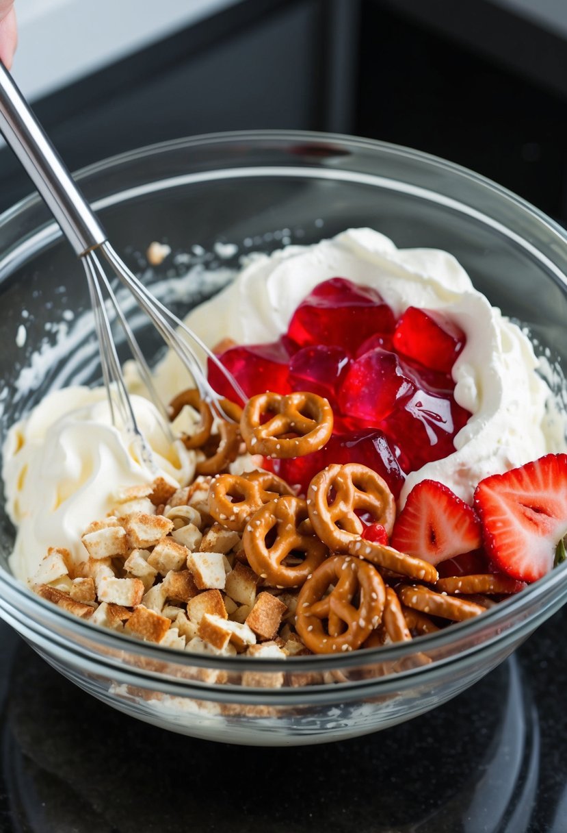 A mixing bowl filled with crushed pretzels, strawberry jello, and whipped cream, sitting on a kitchen counter