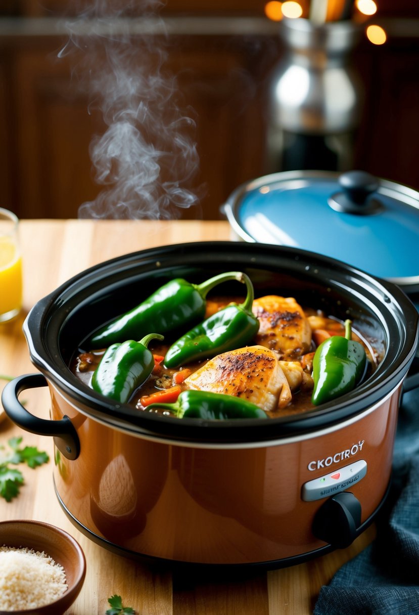 Fresh poblano peppers, chicken, and spices simmering in a crockpot, with a tantalizing aroma filling the kitchen