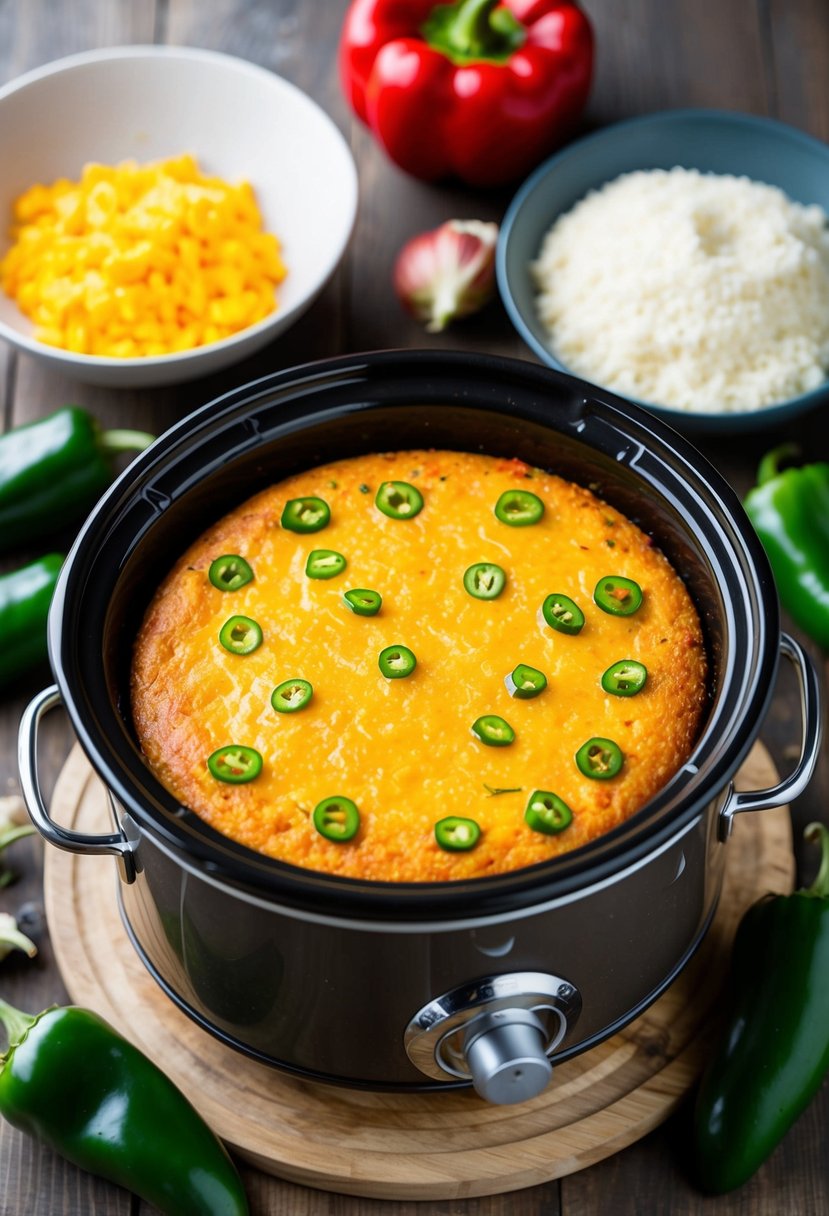 A rustic crockpot filled with Cheesy Poblano Cornbread, surrounded by fresh pablano peppers and other ingredients