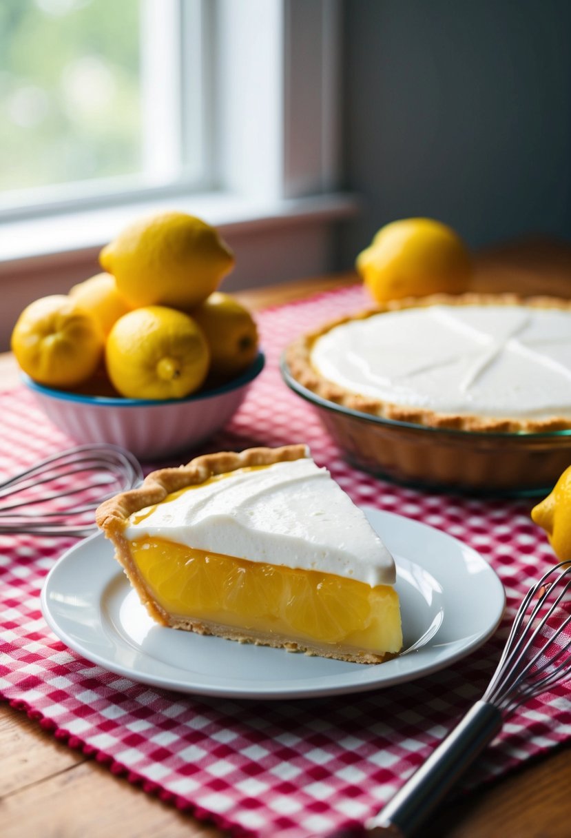 A lemon icebox pie sits on a gingham tablecloth with a pile of lemons and a whisk nearby