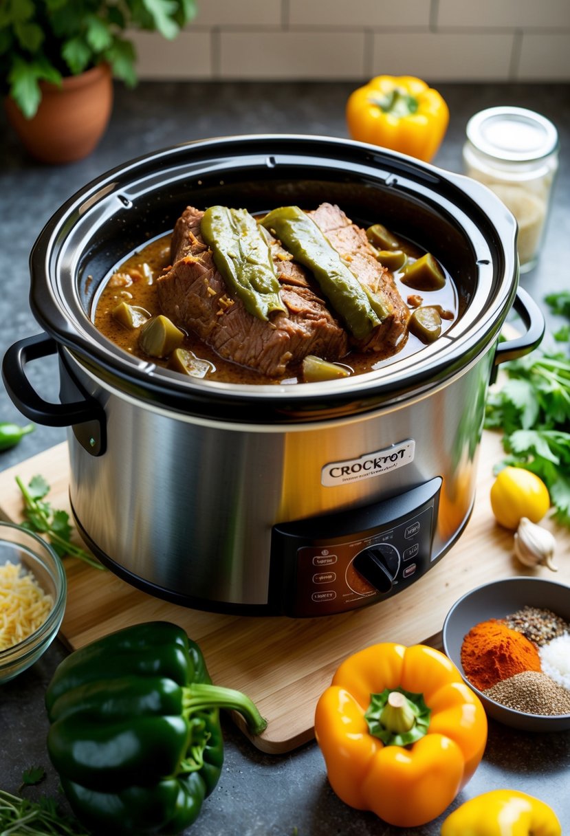 A crockpot filled with a flavorful poblano pepper beef roast, surrounded by fresh ingredients and spices on a kitchen counter