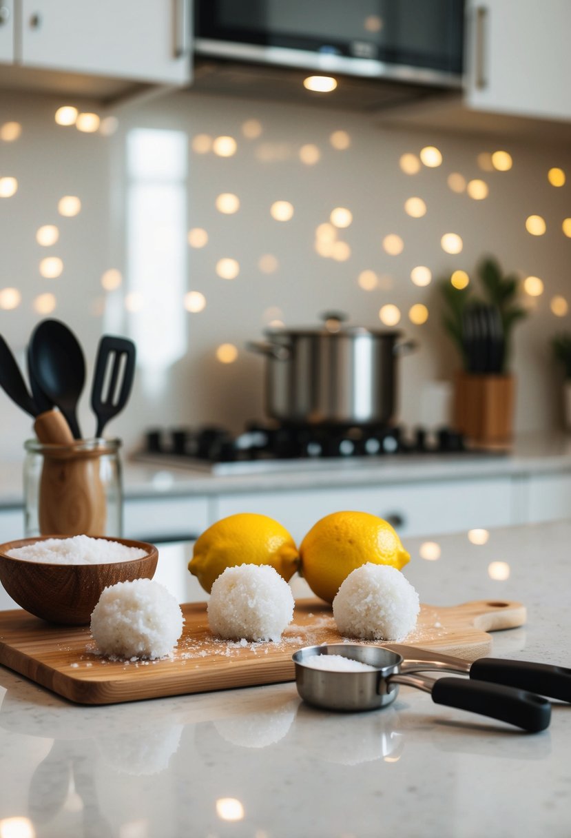 A kitchen counter with ingredients and utensils for making coconut lemon snowballs