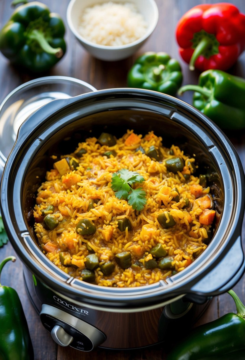 A bubbling crockpot filled with slow-cooked poblano rice casserole, surrounded by fresh poblano peppers and other ingredients