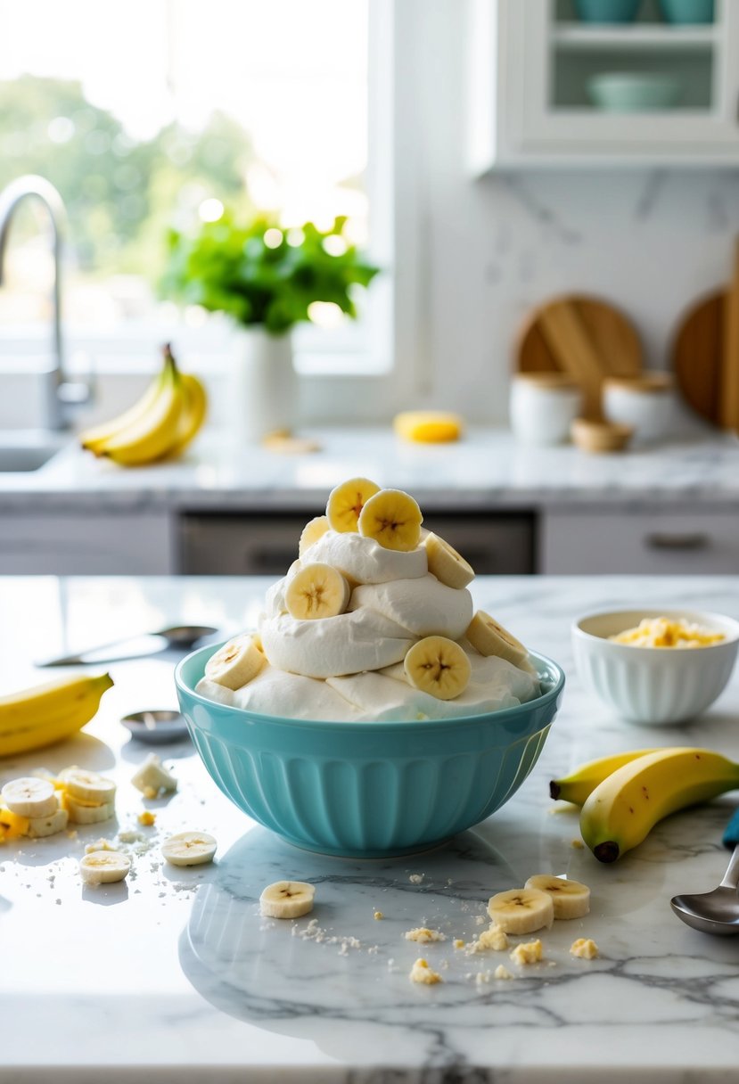 A bowl of banana split fluff sits on a marble countertop, surrounded by scattered ingredients and utensils. The easy, no-bake recipe is being prepared in a bright, modern kitchen