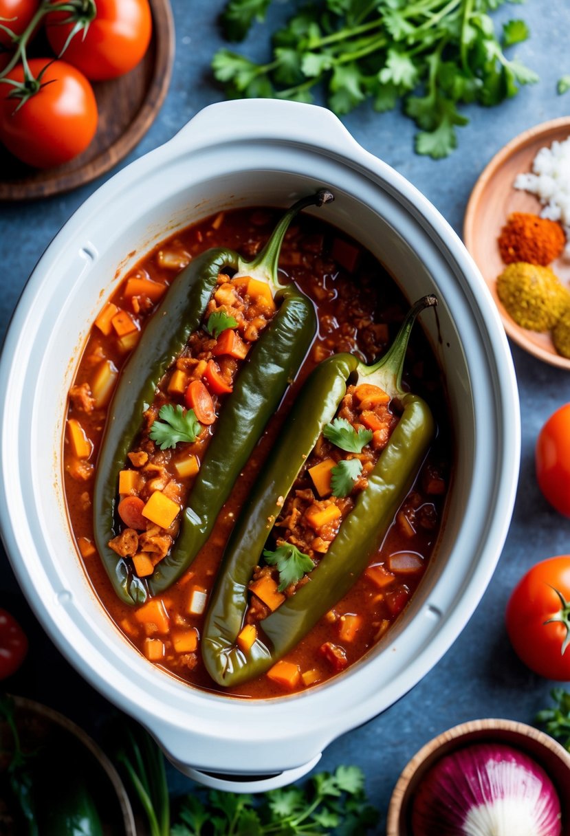 A crockpot filled with stuffed poblano peppers simmering in a flavorful sauce, surrounded by colorful ingredients like tomatoes, onions, and spices