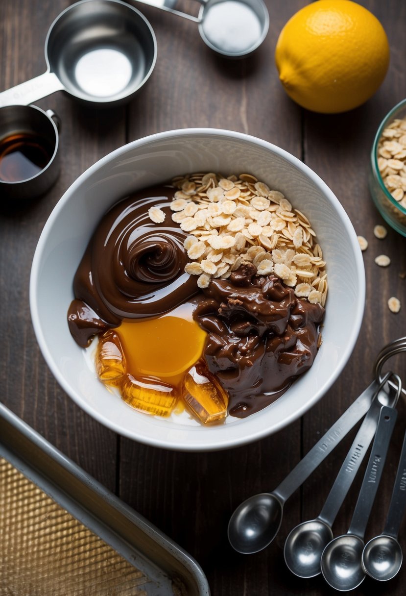 A mixing bowl filled with oats, Nutella, and honey, surrounded by measuring spoons and a baking sheet