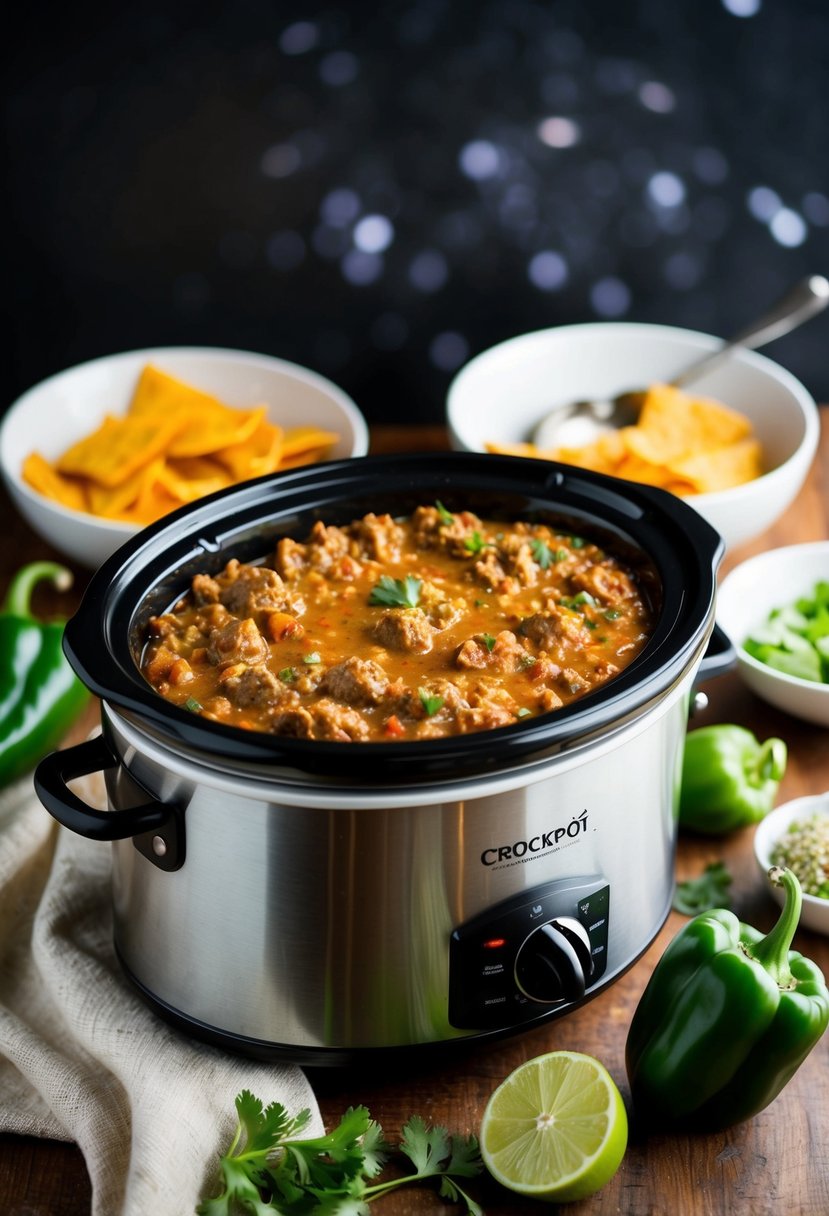 A crockpot filled with bubbling poblano pepper sausage dip, surrounded by fresh ingredients and serving dishes