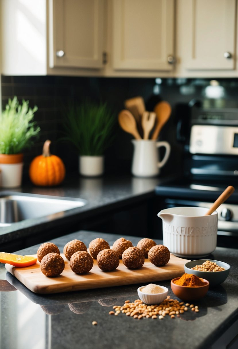 A kitchen counter with ingredients and utensils for making pumpkin spice energy balls