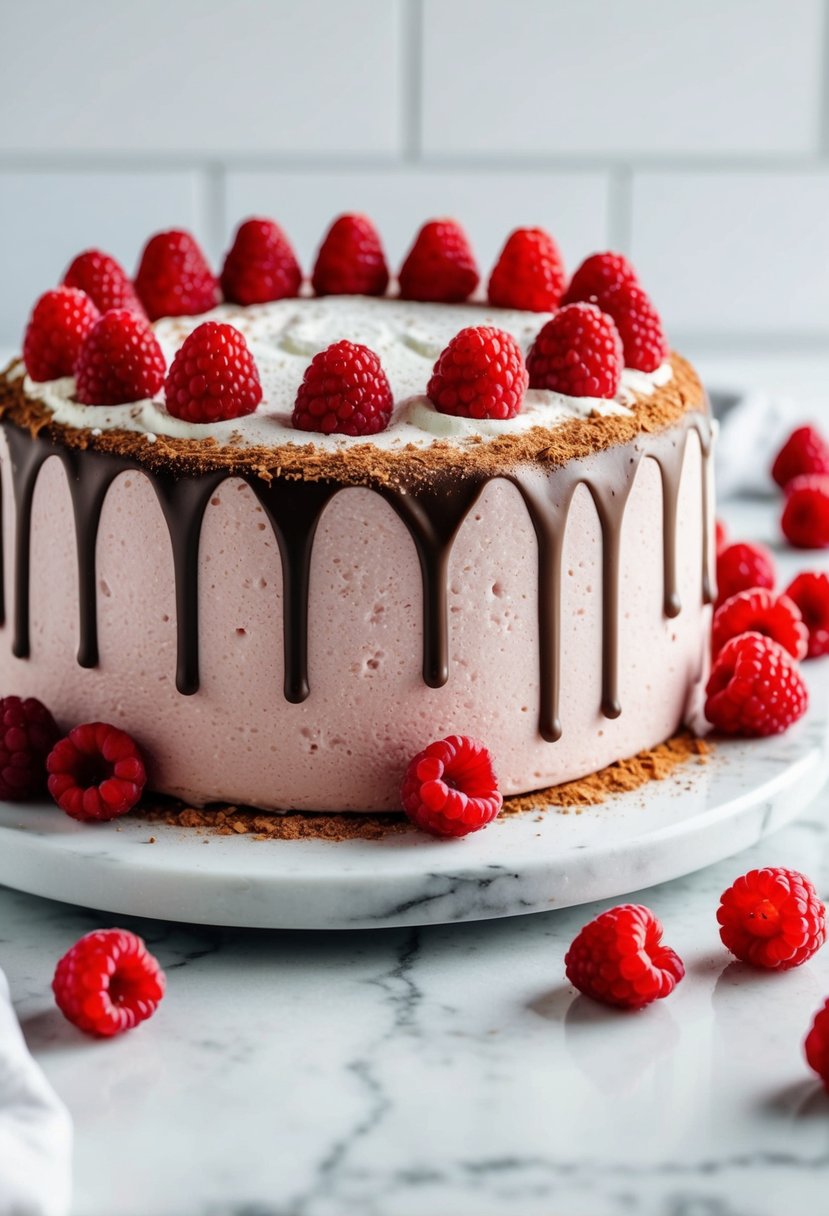 A creamy raspberry chocolate freezer cake sits on a white marble countertop, surrounded by fresh raspberries and a dusting of cocoa powder