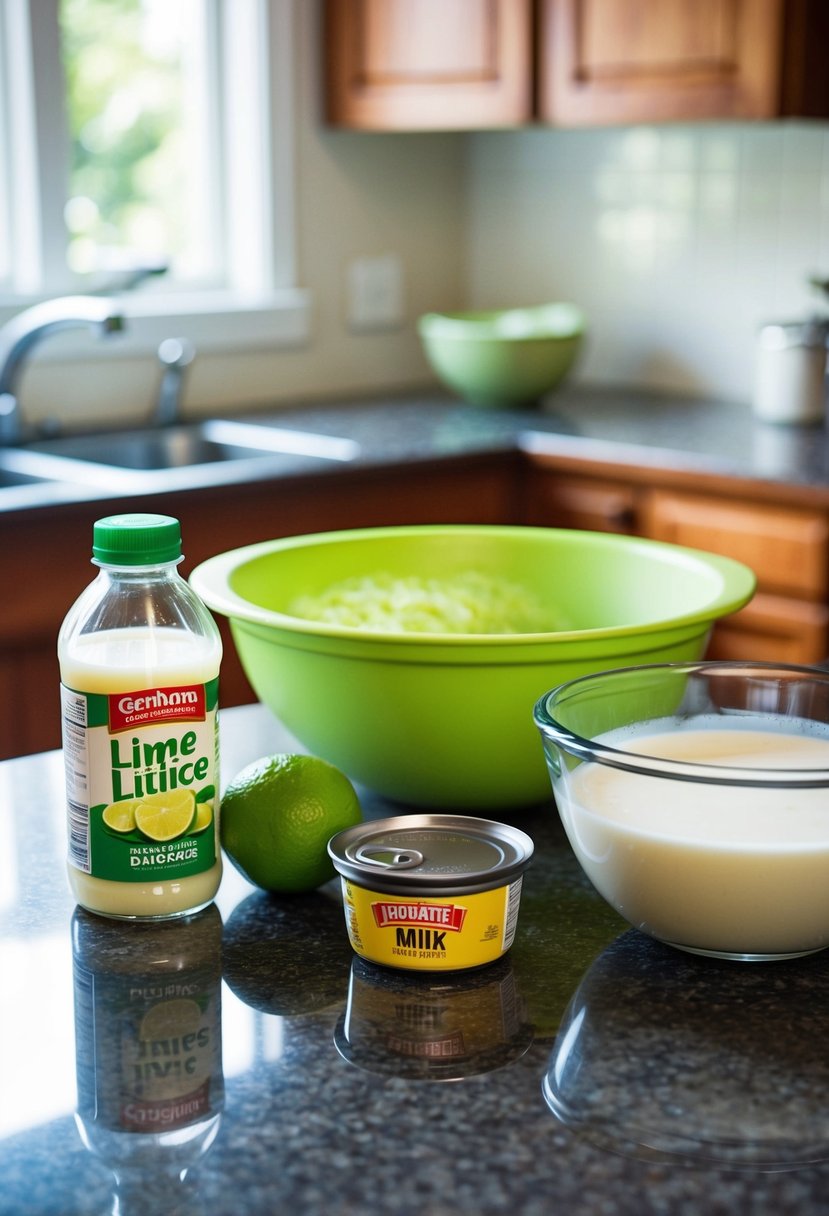 A kitchen counter with ingredients for a no-bake key lime pie: graham crackers, lime juice, condensed milk, and a mixing bowl