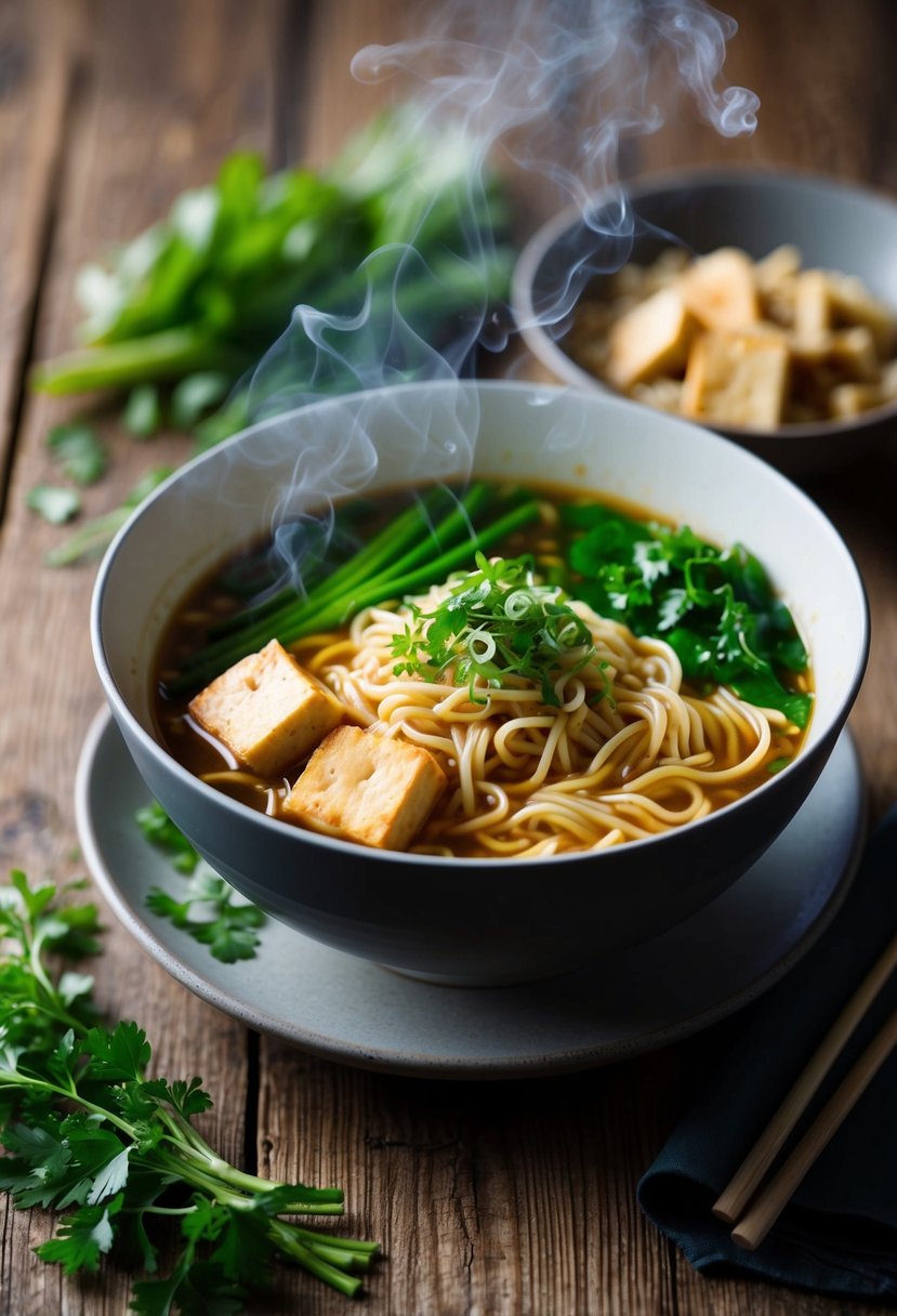 A steaming bowl of tofu ramen noodles surrounded by fresh vegetables and aromatic herbs, sitting on a rustic wooden table