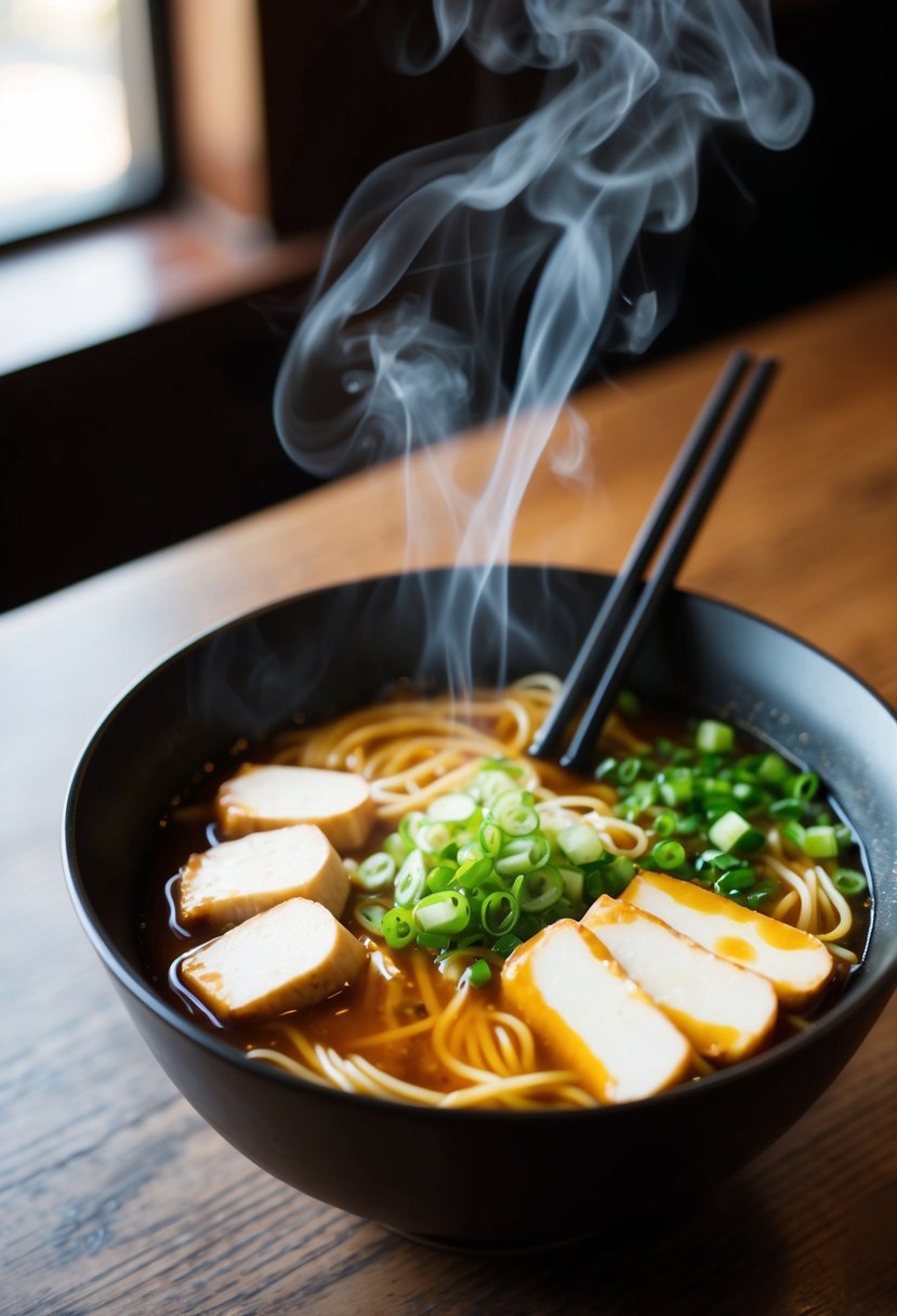 A steaming bowl of classic soy sauce tofu ramen, garnished with green onions and slices of tender tofu, sits on a wooden table