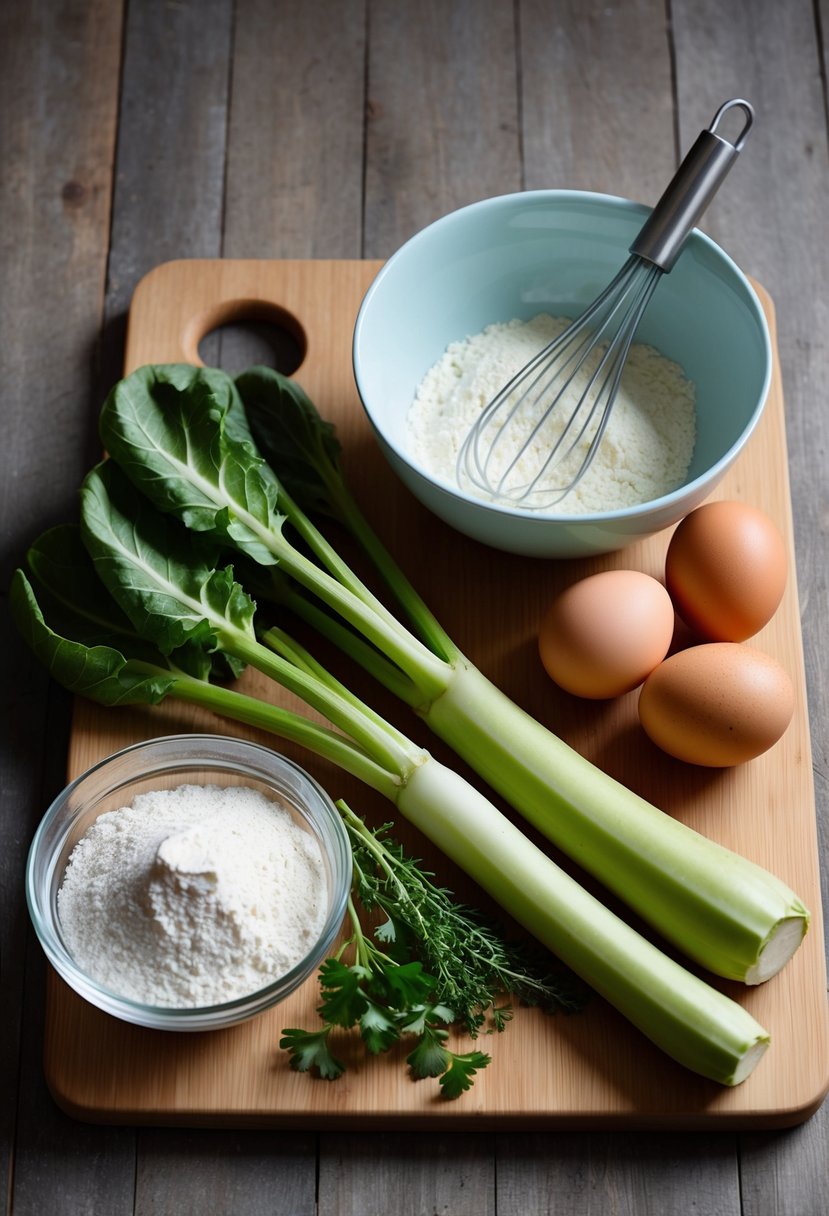 Fresh kohlrabi, eggs, flour, and herbs arranged on a wooden cutting board next to a mixing bowl and a whisk