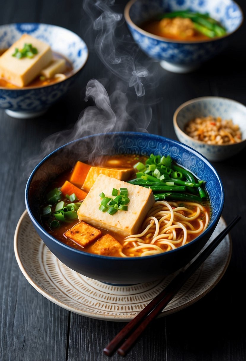 A steaming bowl of Spicy Miso Tofu Ramen with tofu, noodles, and vibrant vegetables, surrounded by chopsticks and a decorative bowl