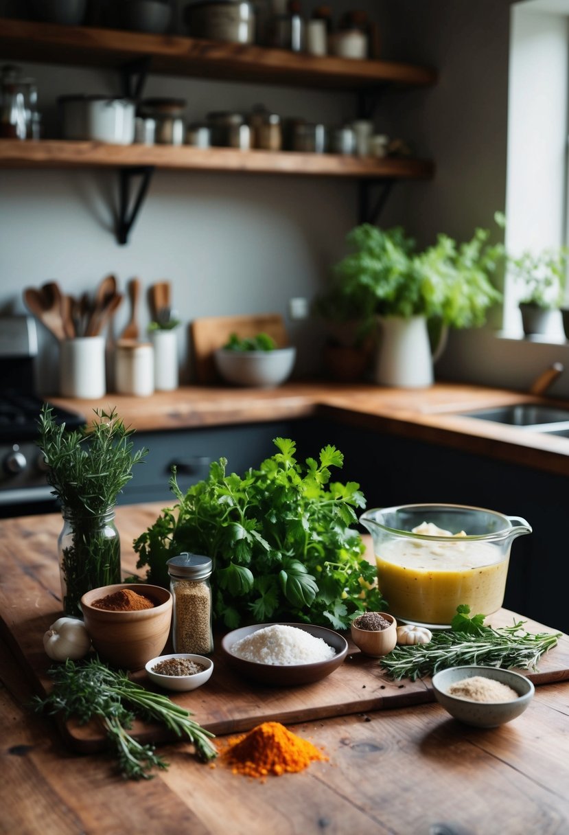 A rustic kitchen counter with fresh herbs, spices, and a variety of ingredients for preparing pork shoulder recipes