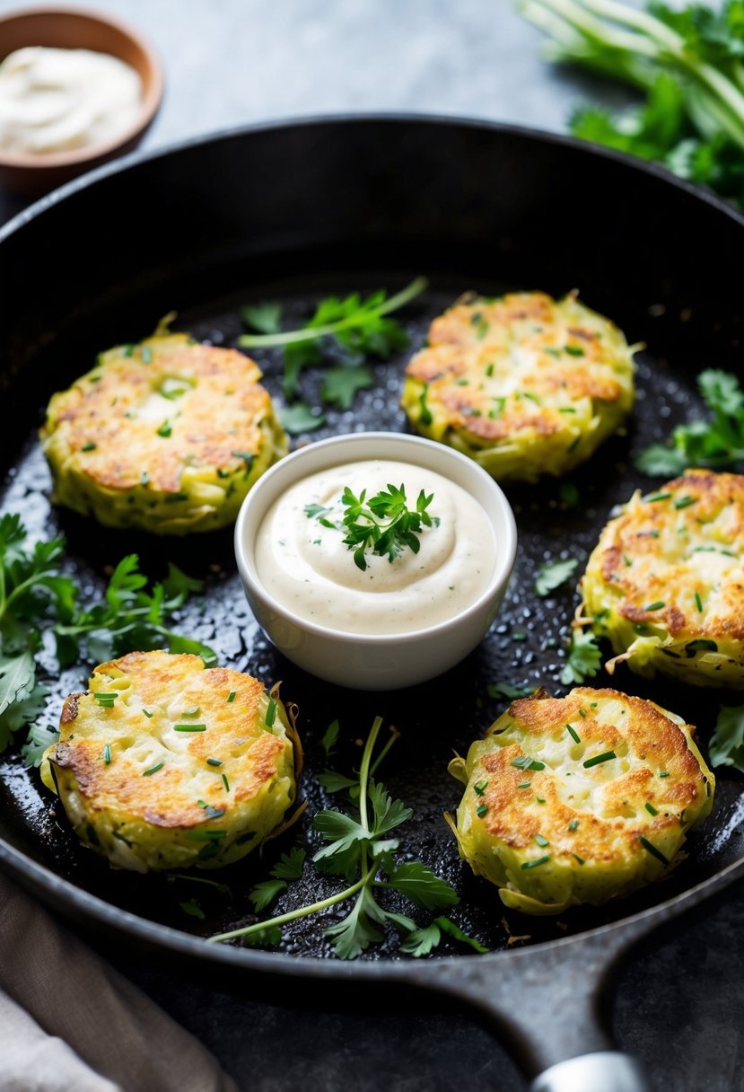 A sizzling skillet with golden kohlrabi fritters surrounded by fresh herbs and a dollop of creamy dipping sauce