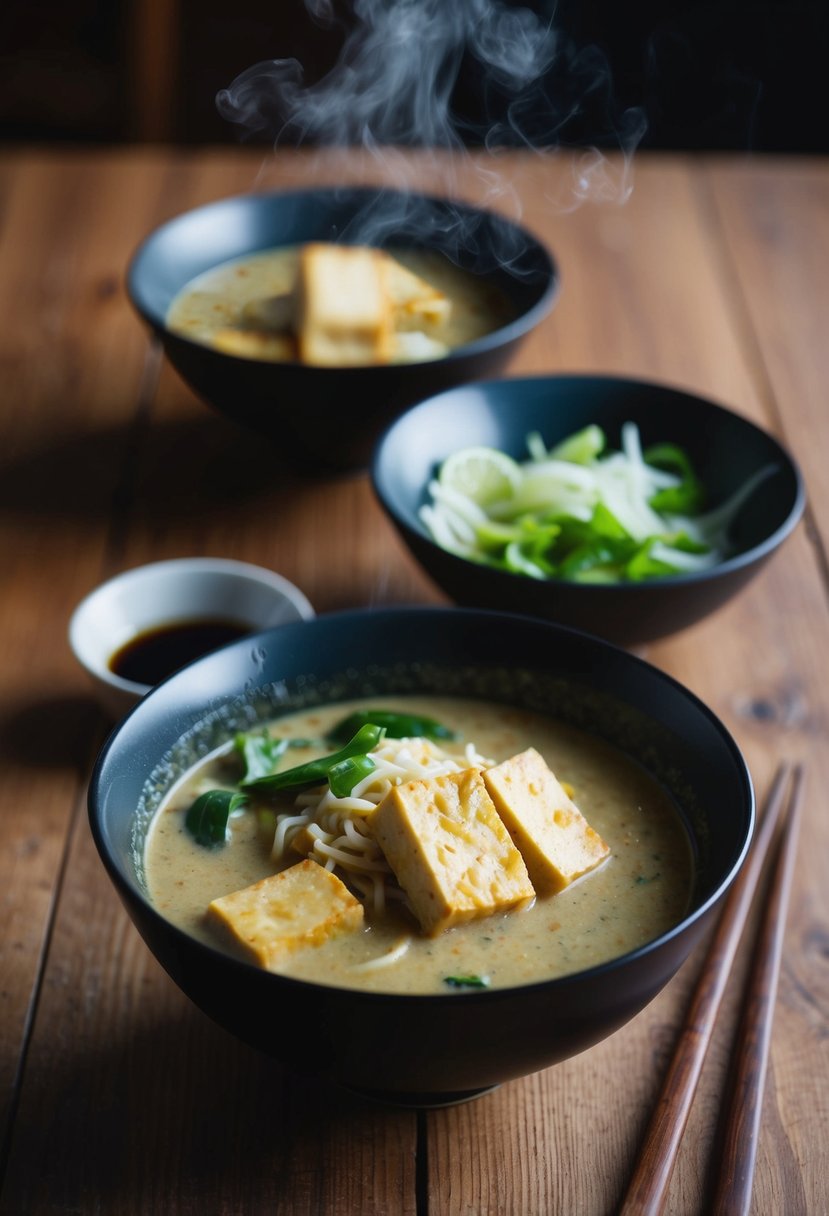 A steaming bowl of coconut curry tofu ramen with chopsticks beside it on a wooden table