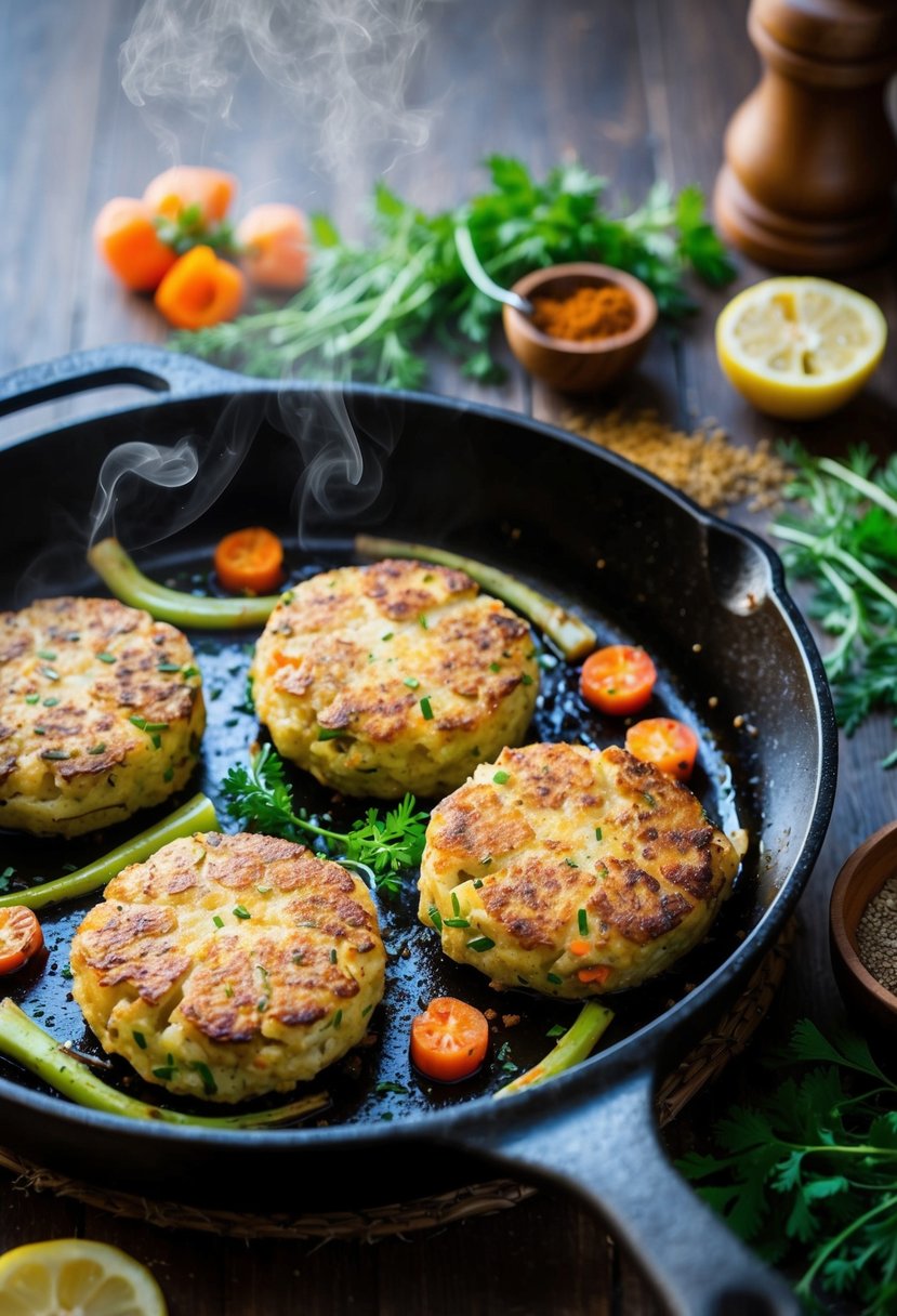 A sizzling skillet with golden brown kohlrabi and carrot patties, steam rising, surrounded by fresh herbs and spices