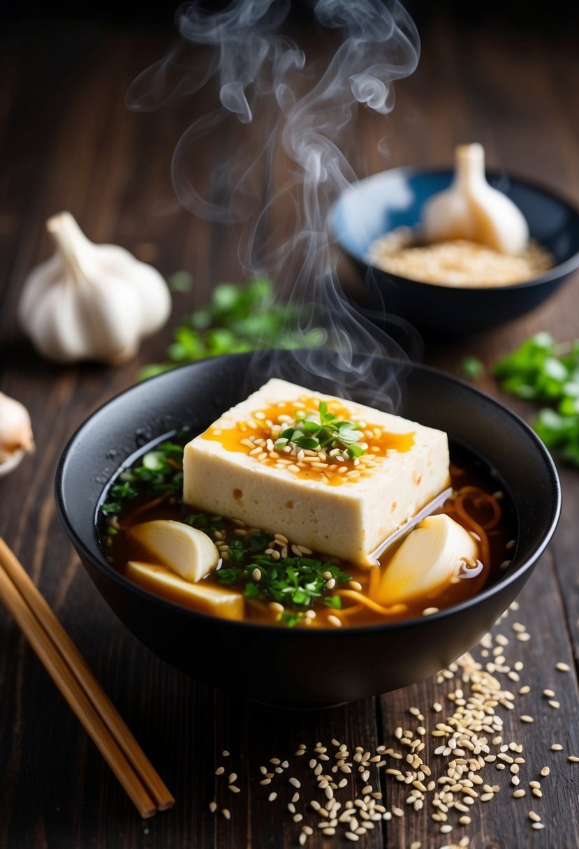 A steaming bowl of tofu ramen surrounded by garlic cloves and sesame seeds, with chopsticks resting on the side